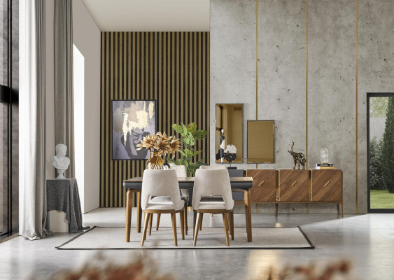 A laconic, modern chair with high wooden legs and upholstery in a pleasant, light cream color for the dining room