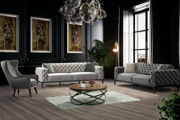 Chesterfield Sofa set Sofa 3+1 Seater Fabric Gray Luxury Sofas White
