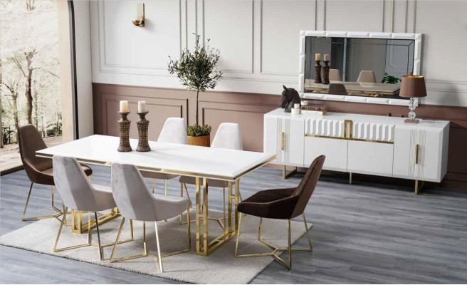 Dining room set Furnishings Gold 8 pieces. Suite Table 6x Chairs Chest of drawers