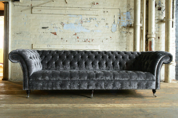 Designer Chesterfield Gray Luxury Couch Sofa 4 Seater Fabric Sofa