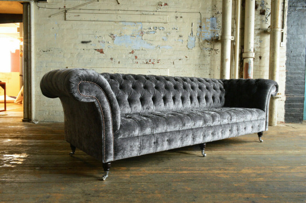 Designer Chesterfield Gray Luxury Couch Sofa 4 Seater Fabric Sofa