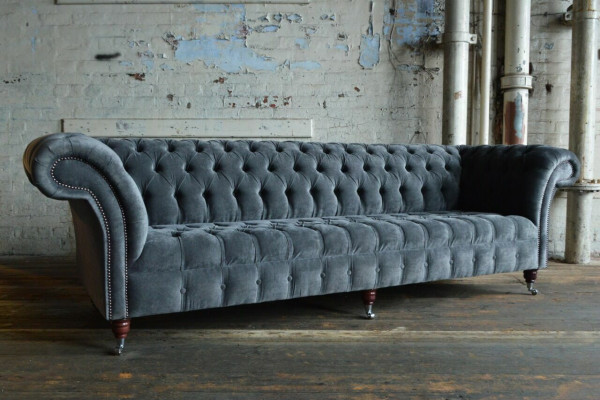 Designer Gray Chesterfield Couch Big Sofa 4-Seater Upholstery Furniture