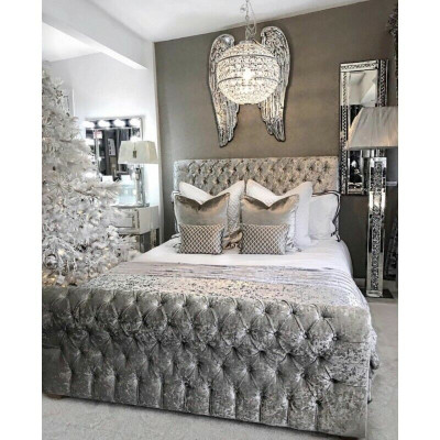 Chesterfield Bed Bedroom Beds Textile 180x200cm Velvet Big Hotel Gray new