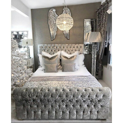 Chesterfield Bed Bedroom Beds Textile 180x200cm Velvet Big Hotel Gray new