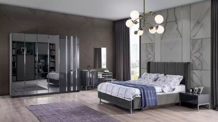 Bedroom Bed 2x Bedside tables Wardrobe Mirror Design Luxury 6-piece