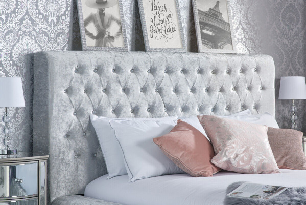 Gray Chesterfield Bed with high headboard Designer Double bed
