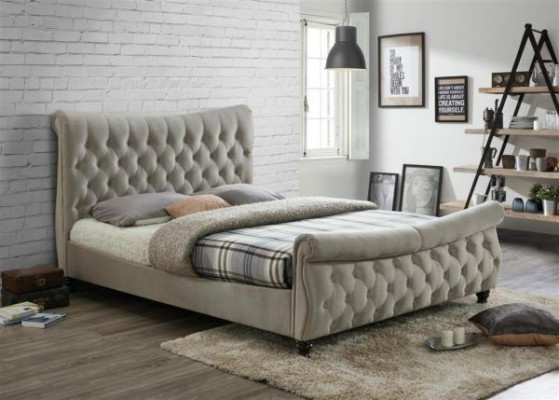 Chesterfield Textile Upholstery Bed Designer Beds Beige Hotel Double Bedroom
