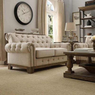 Chesterfield 2 Seat Classic Luxury Natural Wood Frame Sofa Textile Leather Couch