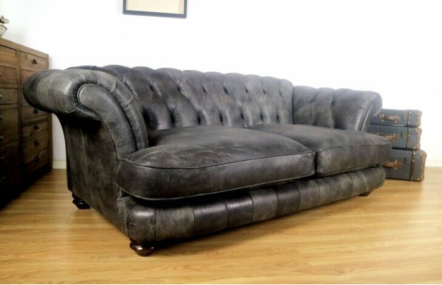 Chesterfield Big Xxl Couch % Leather Black 3-Seater Vintage Style