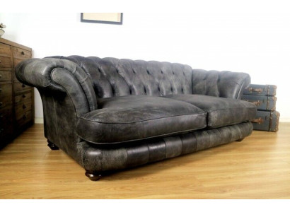 Chesterfield Big Xxl Couch % Leather Black 3-Seater Vintage Style