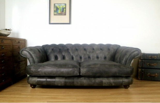 Chesterfield Big Xxl Couch % Leather Black 3-Seater Vintage Style