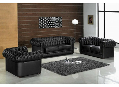 Black Chesterfield Sofas 3+2+1 Set Upholstery Designer Sofas Suite
