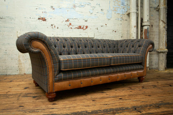 Design Chesterfield 3 Seater Fabric Couch Gray Upholstery Sofas Sofa England 225cm