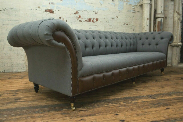 Design Chesterfield Sofa 4-Seater Gray Couch Upholstery Leather Sofas Living room new