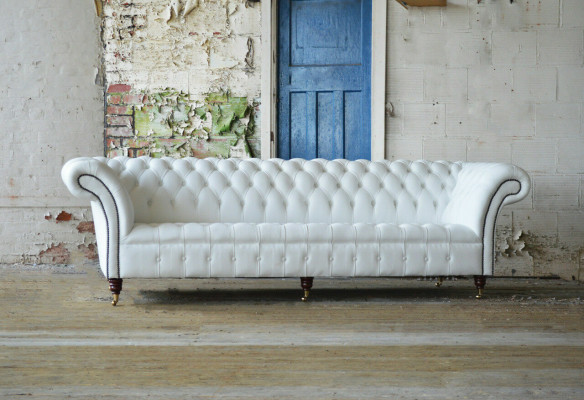 Classic Chesterfield Couch 4 Seater Sofa Couch Velvet Leather Design big White