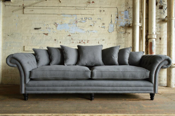 Classic Chesterfield Couch 4 Seater Sofa Couch Velvet Leather Design Gray 265cm