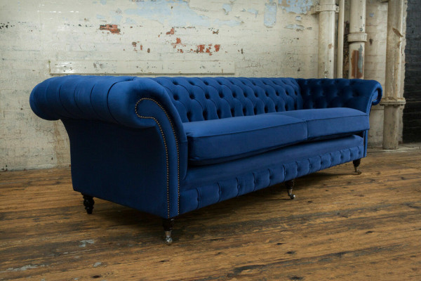 Classic Chesterfield Couch 4 Seater Sofa Couch Velvet Leather Blue Design Upholstery