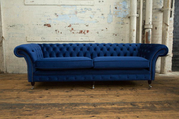 Classic Chesterfield Couch 4 Seater Sofa Couch Velvet Leather Blue Design Upholstery