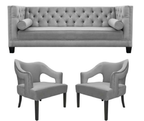 Silver velvet suite sofa set 3 pieces. Set Couch Seat Upholstery Chesterfield