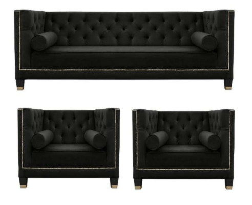 Black Living room Sofa set Chesterfield Armchair three-seater 3-piece