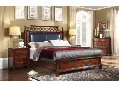 Real wood Bed Leather 3pcs. Set Chest of drawers Bedroom Wilhelminian Style Suite Group