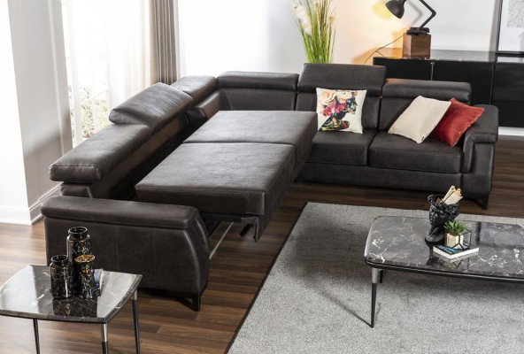 Corner sofa L-shape Sofa Sofas Leather sofa Black Bed function Living landscape