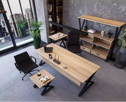 Brown furniture set Desk bookcase Coffee tables Console table 4 pieces.