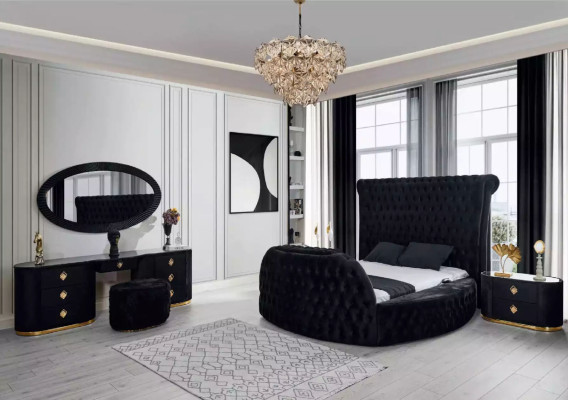 Bedroom Black Set Bed 2x Bedside tables Dressing table Chesterfield 5pcs