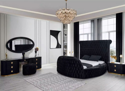 Bedroom Black Set Bed 2x Bedside tables Dressing table Chesterfield 5pcs
