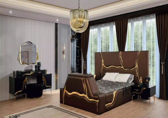 Luxury Bedroom Set Bed Bedside table Gold Dressing table Bedside tables 5 pieces