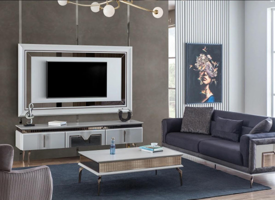 Designer living room set 4 pieces. Upholstered sofa TV stand coffee table tables