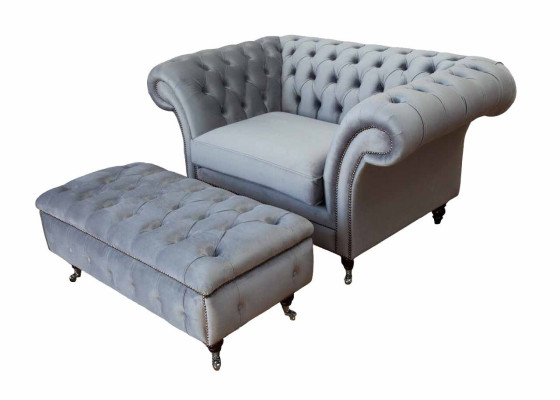 Chesterfield Wing Chair Stool Armchair Couch Upholstery Set Gray Textile
