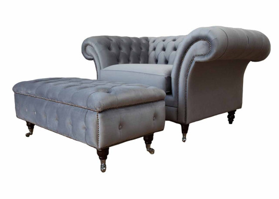 Chesterfield Wing Chair Stool Armchair Couch Upholstery Set Gray Textile