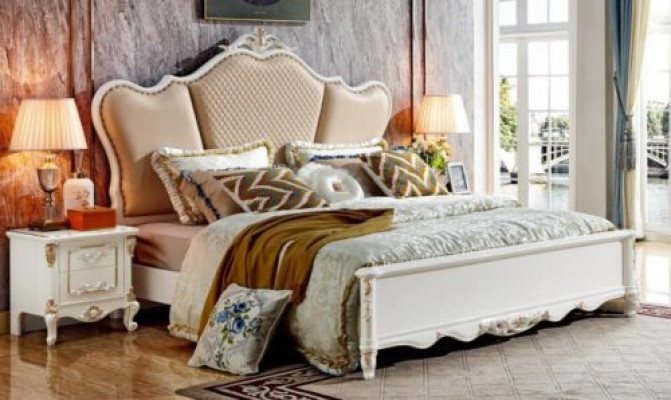 Bed Bedroom Set Design White Style Leather Beds 2x Bedside table 3pcs
