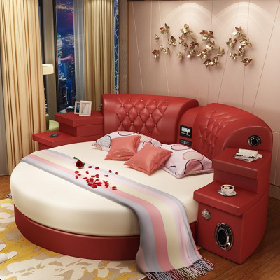 Round Kingsize Bed Round Beds Multifunction Hotel Upholstery Led Shelf
