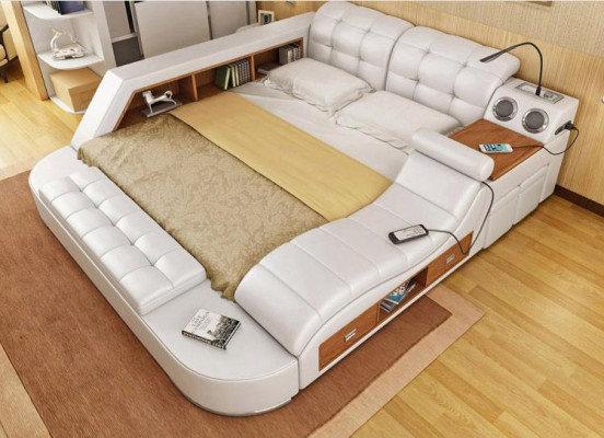 Multifunction Bed Shelf Wardrobe USB Charging Station Double Leather Beds