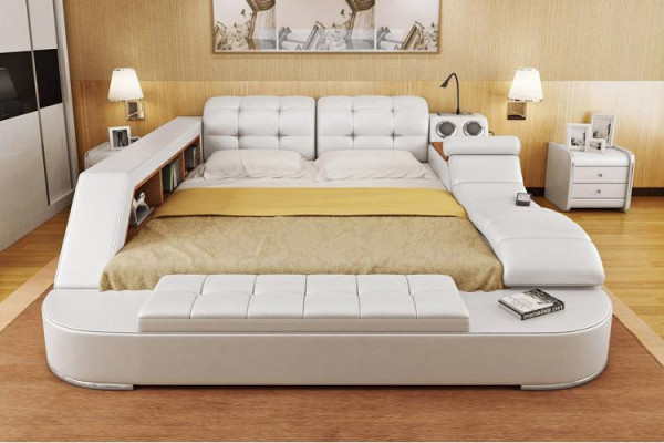 Multifunction Bed Shelf Wardrobe USB Charging Station Double Leather Beds
