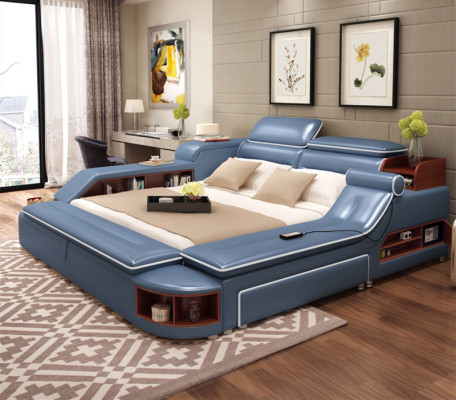 Modern Hotel Multifunction USB Sound Double Design Leather Bed Upholstery