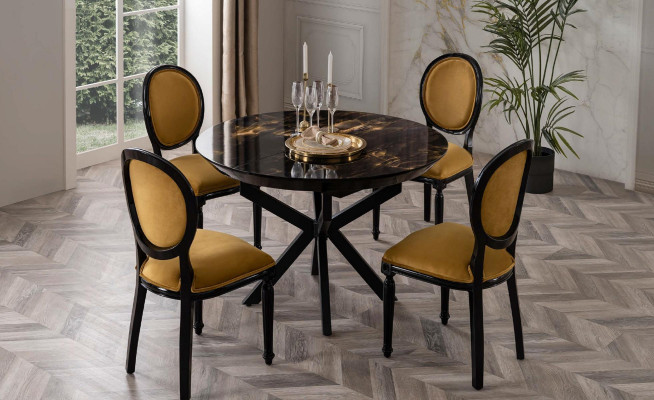 Column round table Dining table Table with 4x chairs Dining tables Furniture Wood 5 pieces.