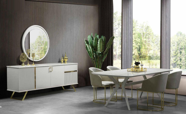 Luxury Dining set Table with chairs Dining table Mirror Chest of drawers 4x armchair 6 pieces