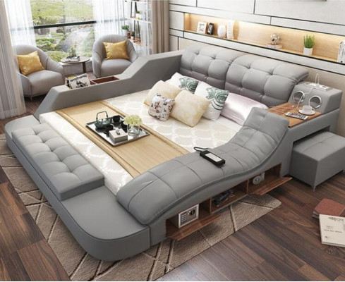 Multifunction Design Bed XXL 180x200 Big Beds Leather Hotel Shelf USB