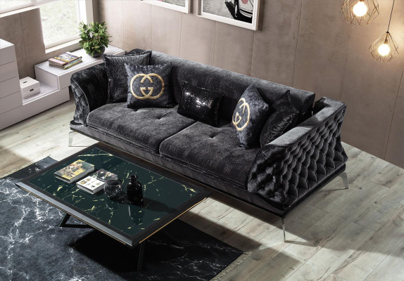 Black Couch Sofa Suite 3+1 Seat Chesterfield Living room Upholstery
