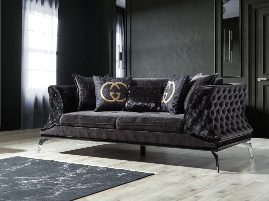 Black Couch Sofa Suite 3+1 Seat Chesterfield Living room Upholstery