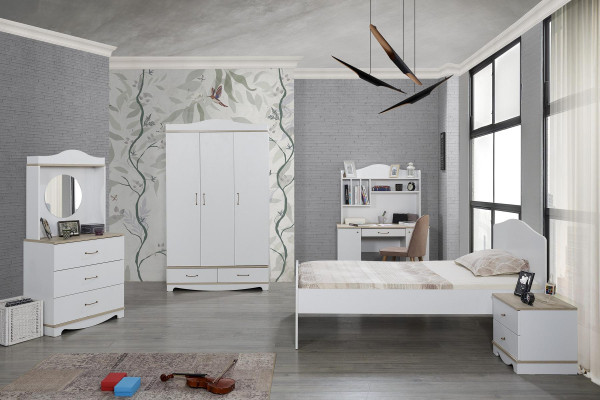 Design Bed Bedside table Youth Room Childrens room Set Furniture White 5pcs.