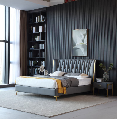 Hotel Luxury Design Beds Upholstery Metal Leather Bedroom stainless steel