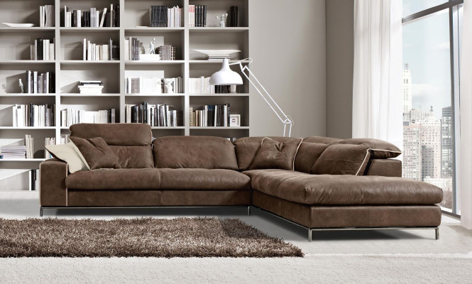 Design Corner sofa Prianera Modern Luxury Corner Leather Wood Sofa L-shape Brown