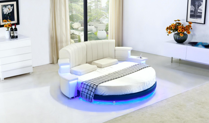 Round Bed Furniture Upholstery Beds Bedroom Furniture Leather Bed LED