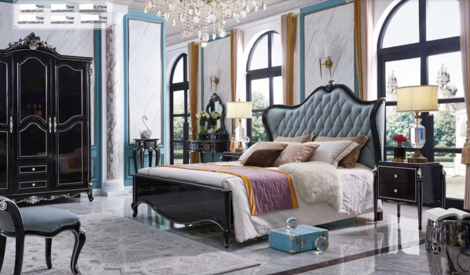 Bedroom Furniture Baroque Rococo Set 3pcs. Set Hotel Wood Leather new Furnishings