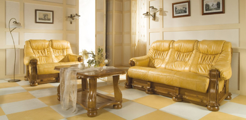 Sofa set Wood Leather 3+2+1 Complete's Set Classic Couch Set Seat Upholstery