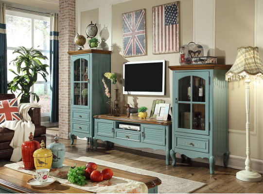 Country house style Wall unit Living room Display case Sideboard TV cabinet Wood Wardrobe Furniture 3pcs.